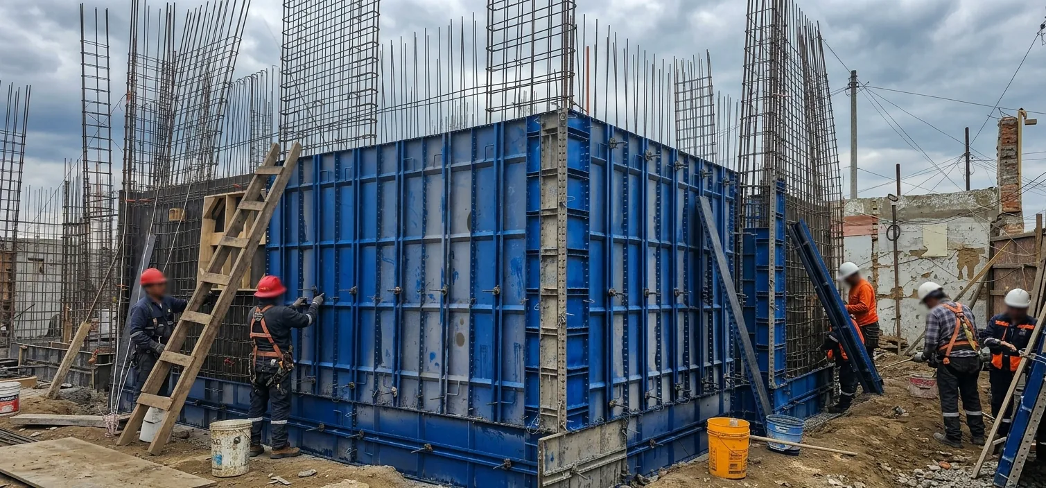 Operarios montando paneles de moldaje metálico alrededor de la enfierradura de un muro en obra
